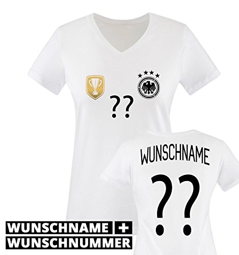 TRIKOT – DELUXE 2016 – DE – WUNSCHDRUCK – Damen V-Neck T-Shirt – Weiss / Schwarz-Gold Gr. XL