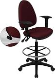 Multi-Function Drafting Stool in Burgundy with Arms & Adjustable Lumbar Support [WL-A654MG-BY-AD-GG]