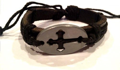 Semi-Adjustable Black Leather and Black Twine Religious Cross Bracelet