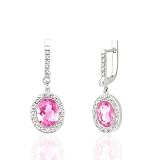 5.73 CT CREATED PINK SAPPHIRE AND GENUINE DIAMOND 14K GOLD EARRINGS