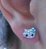 X-small Tiny Little Hello Kitty Stud Crystal Earrings with Blue Flower Bow
