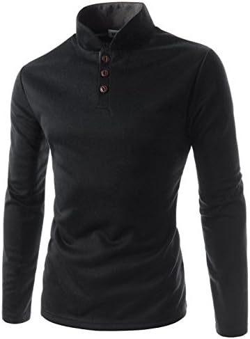 (JTL29) Mens Slim Fit Casual Henley Neck China Collar Long Sleeve Jersey Shirts BLACK Large(US Medium)