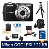 Nikon Coolpix L22 Digital Camera , 3″ High Resolution LCD, 8 GB Memory Card, Camera Case, and Cleaning Kit, Card Reader, and Tripod