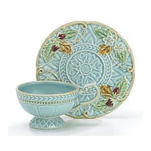 Italian Majolica Berries And Leaves Teacup And Saucer For Tuscan Kitchen Decor