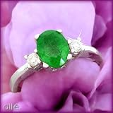 14K White Gold 3 Stone Oval Emerald & Diamond Ring