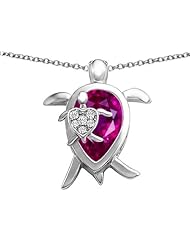 Original Star K (tm) Large Mother and Baby Turtle family Pendant with 12x8mm Pear Shape Created Pink Sapphire in 925 Sterling Silver