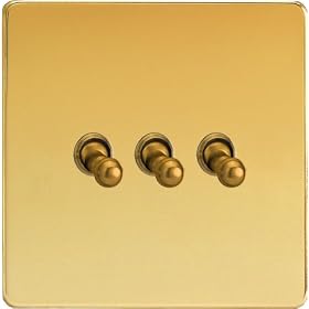 Varilight - 3G 1 or 2W 10A Classic Toggle Switch Dimension Screwless Polished Brass - XDVT3S