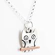 Cute Perched Owl Pendant in Sterling Silver with Copper Accent on a a 16" Sterling Silver Rolo Chain, #7426