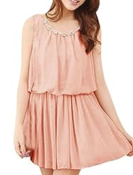 Round Neck Lace-Up  Elasticized   Waistline Chiffon Sleeveless Mini Dress  With Rhinestones