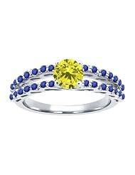 1.12 Ct Round Canary Diamond Blue Sapphire 18K White Gold Ring