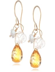 Melissa Joy Manning 14k Gold Keshi Pearl, Rainbow Moonstone and Citrine Three Drop Earrings
