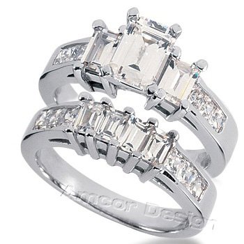 14K White Gold Emerald & Princess Cut Diamond Matching Bridal Set (3.00ct.tw, HI Color, SI2-3 Clarity)