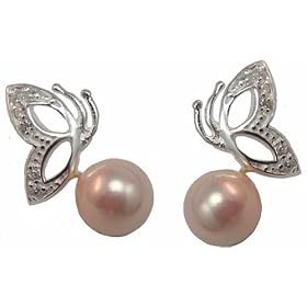 Pink Freshwater Pearl and 925 Sterling Silver Butterfly Post Earrings in Gift Box