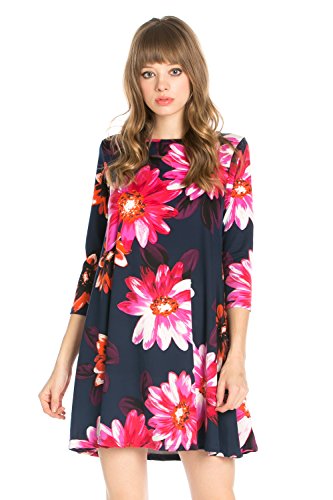 Junky Closet Women's 3/4 Sleeve Print Side Pocket A-Line Tunic Dress