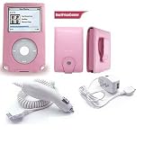 Pink Leather Case for Apple Ipod Video 60gb + White Car Charger for Apple Ipod Video + White Travel Charger for Apple Ipod Video