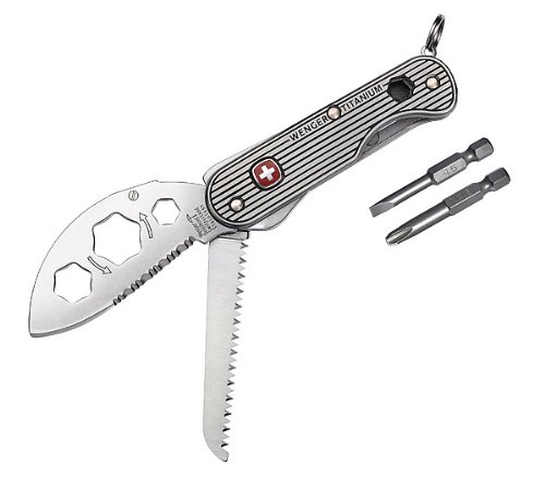 Wenger Titanium 2, Einhandmesser, Teilsägezahnung, Holzsäge, Titan-Griffschalen, Schlitz- und Phillips-Bit, Bithalter