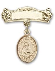14K Gold Baby Badge with St. Bede the Venerable Charm and Arched Polished Badge Pin