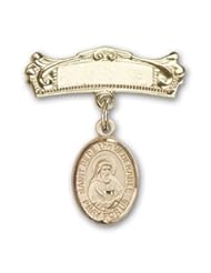 Gold Filled Baby Badge with St. Bede the Venerable Charm and Arched Polished Badge Pin