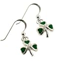 Green Enameled Irish Shamrock or Clover Sterling Silver Hook Earrings