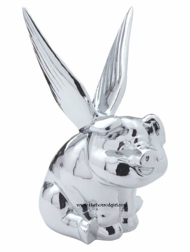 Chrome Sitting Pig with Wings Hood Ornament
