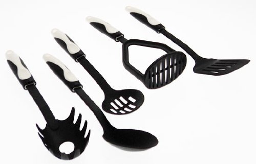 5 Piece Non Stick Kitchen Utensils Set In Black Colours With White Soft Grip Handles