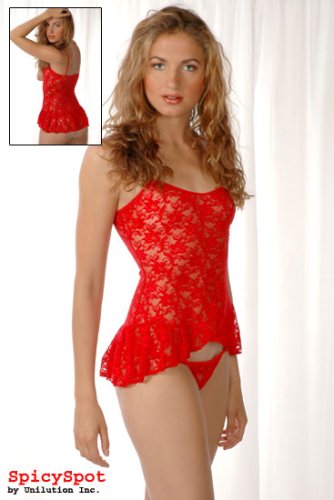 Pretty Lace Babydoll with Ruffle Bottom and Matching Thong