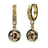Champagne Cubic Zirconia Hinged Hoop Solitaire Drop Earrings in 18k Yellow Gold Overlay Sterling Silver