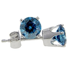 14K White Gold or Yellow Gold, Round, Blue Diamond Stud Earrings (1/2 ctw)