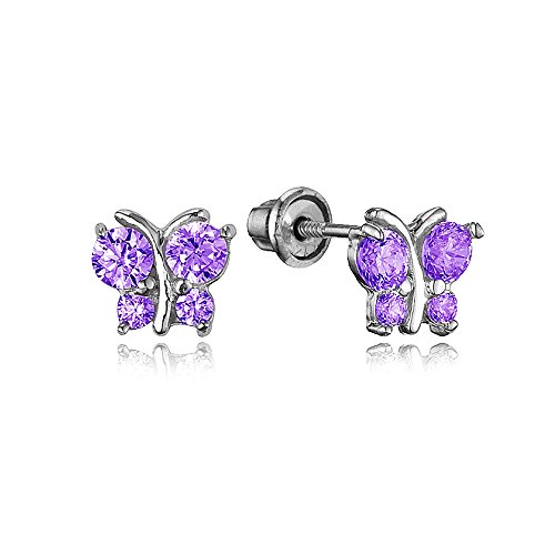 Sterling Silver Rhodium Plated Baby Butterfly Screwback Girls Earrings