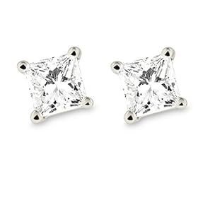 Platinum, Princess-Cut, Diamond 4-Prong Stud Earrings (1 1/2 cttw, G-H Color, VS2 Clarity)