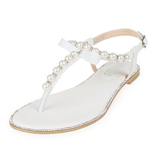 SheSole Womens Gladiator Flat Sandals Pu Leather Wedding Pearls Rhinestone Cute Comfortable Shoes