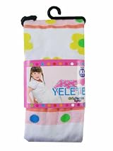 Girls Fashion Tights - Girls Leggings White w/ Flowers & Stripe Design - (Size Medium - Ages 4-6 Years)