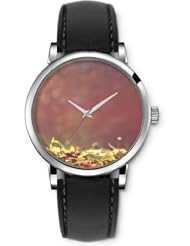 SPRAWL Aanalog Fashion Series Silver Ladies Watches of Genuine Black Leather Strap,Unique Wrist Watch for Women Girls Designed with yellow flowers