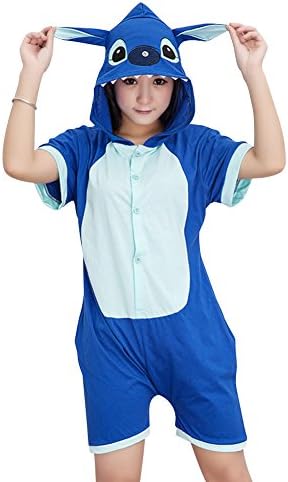 Grace847 Adult Summer Pajama Set Cute Animal Onesies Cosplay Costume 100% Cotton Short Pijama homewear Pyjamas (S, Blue stitch)
