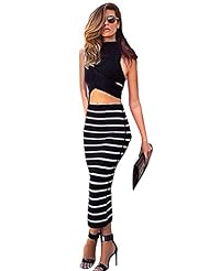 Polyester/Spandex Sleeveless Striped Print Stretchy Cutout Ankle Length Bodycon Dress 