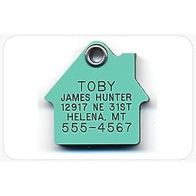 Pet ID Tag - House - Custom engraved cat and dog ID tags. Pet safety tag has reflective coating and is available in plastic, stainless steel and brass.