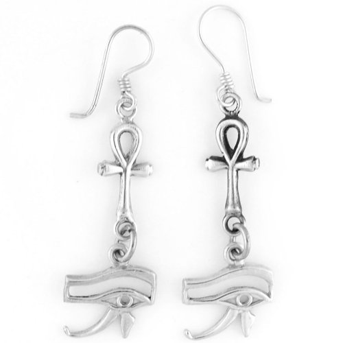 Egyptian Jewelry Silver Eye of Horus & Ankh Earrings