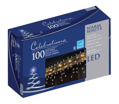 Celebrations 100 Led Mini Icicle-Style Light String Warm White. Approx. Lighted Length 6'