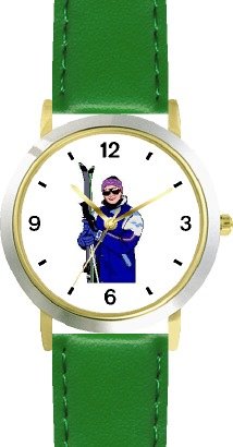 Skier with Skis Snow Skiing - WATCHBUDDY® DELUXE TWO-TONE THEME WATCH - Arabic Numbers - Green Leather Strap-Children's Size-Small ( Boy's Size & Girl's Size )