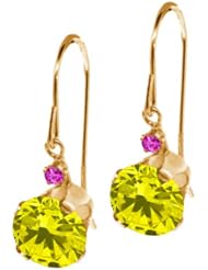1.64 Ct Round Canary Diamond Pink Sapphire 14K Yellow Gold Earrings