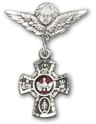 Sterling Silver Baby Badge with Red 5-Way Charm and Angel w/Wings Badge Pin