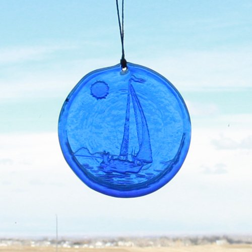 Sailboat Window Suncatcher in Cobalt - Hanging Glass - 4.25" in 