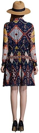 Ochanal Women's Elastic Waist Bow Stand Collar Chiffon Printing Long Sleeve Dress 3X