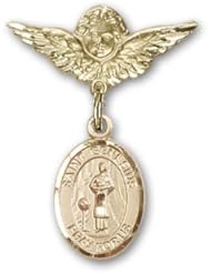 Gold Filled Baby Badge with St. Genesius of Rome Charm and Angel with Wings Badge Pin