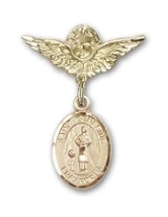 14K Gold Baby Badge with St. Genesius of Rome Charm and Angel with Wings Badge Pin