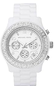 Michael Kors #MK5396 Women's Oversized White Silicone Band Baquette Crystal Chronograph Watch