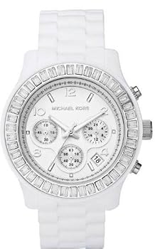 Michael Kors #MK5396 Women's Oversized White Silicone Band Baquette Crystal Chronograph Watch
