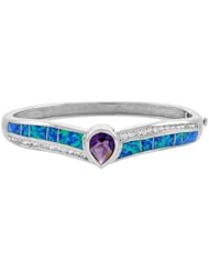 Sterling Silver Bangle Bracelet Synthetic Opal Inlay with 10 mm Teardrop Amethyst CZ