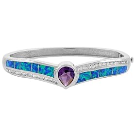 Synthetic Opal Bangle Bracelet with 10 mm ( 3 8 ) Pear Shape Amethyst CZ by Sabrina Silver