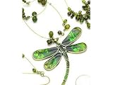 Green Color Enamel & Austrain Rhinestone Dragonfly Bead Wire Necklace and Earrings Set